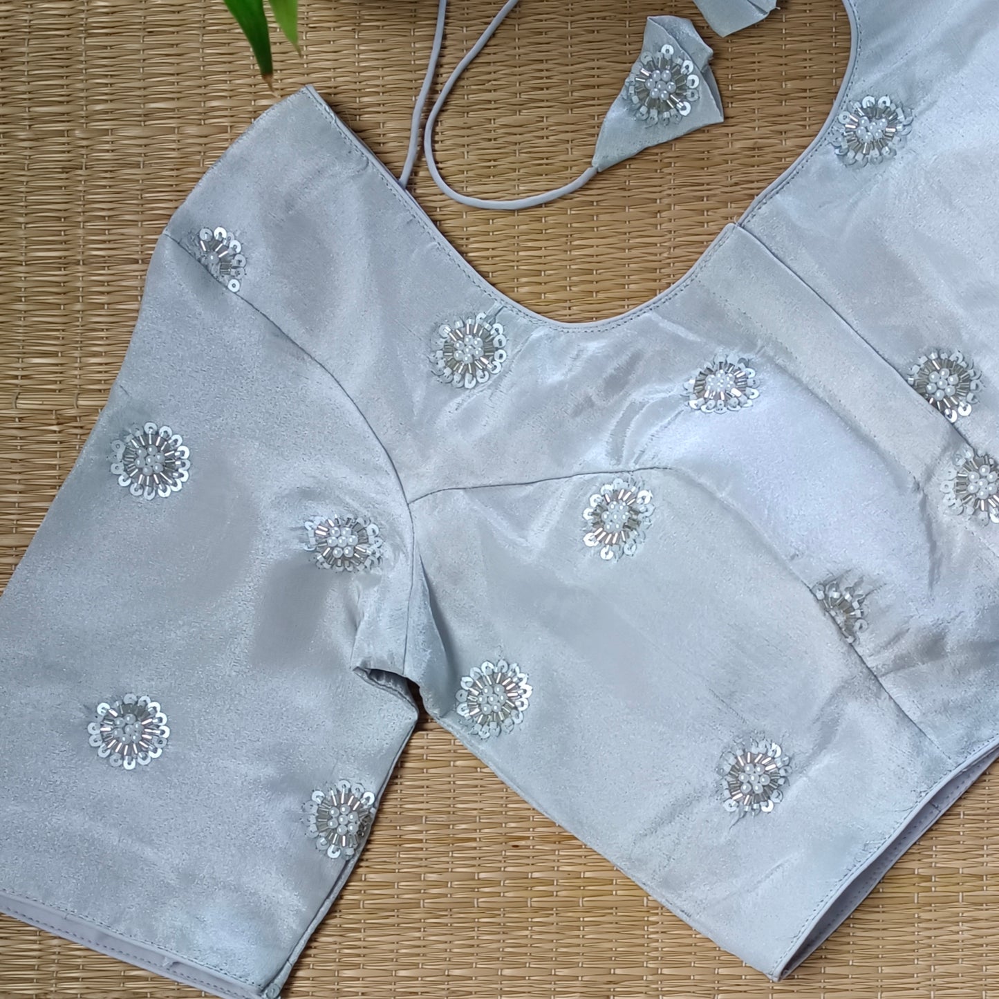 Silver tissue blouse with pearl and cut dhana work(assorted)