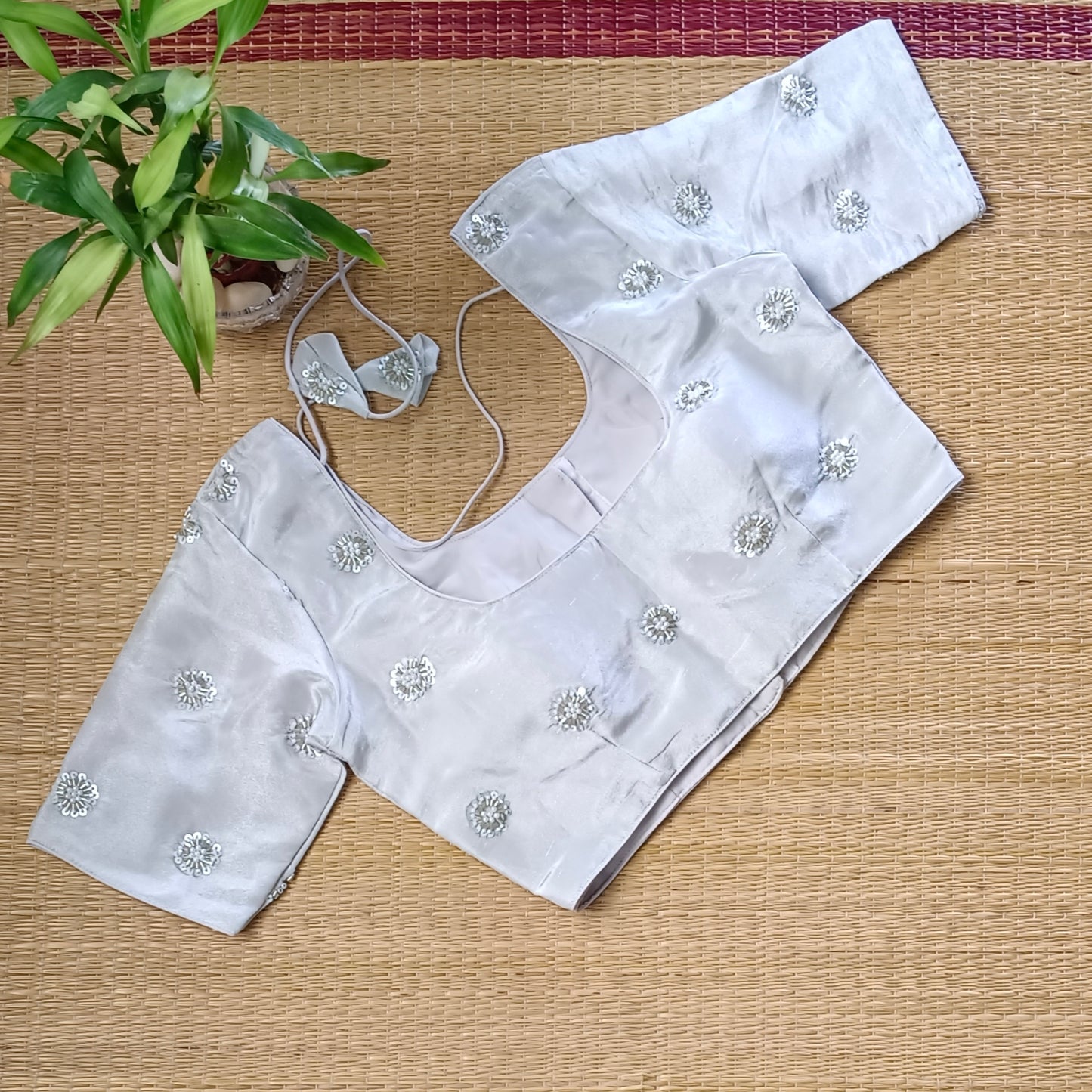 Silver tissue blouse with pearl and cut dhana work(assorted)