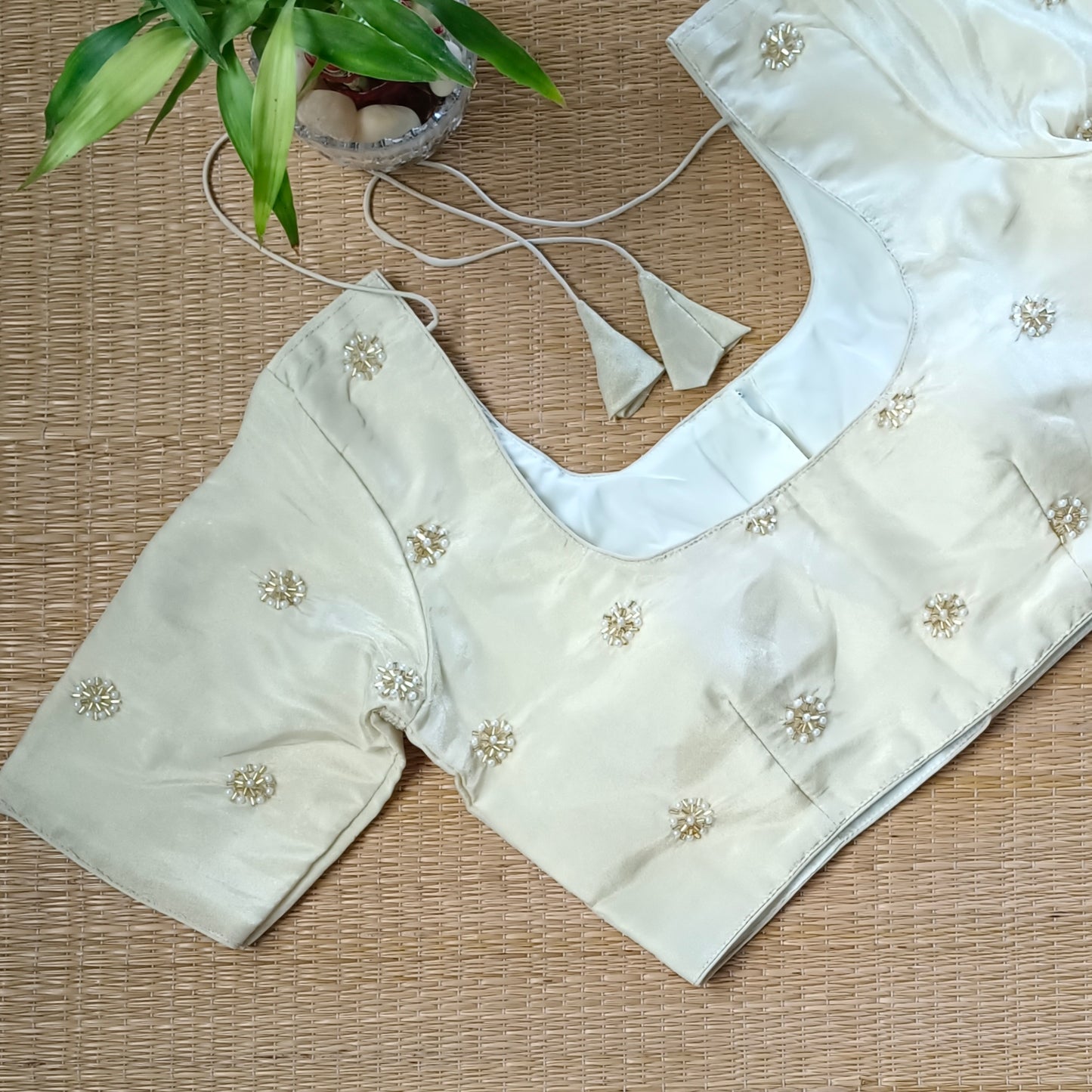 Light Golden Tissue blouse with pearl and cut dhana work( assorted )
