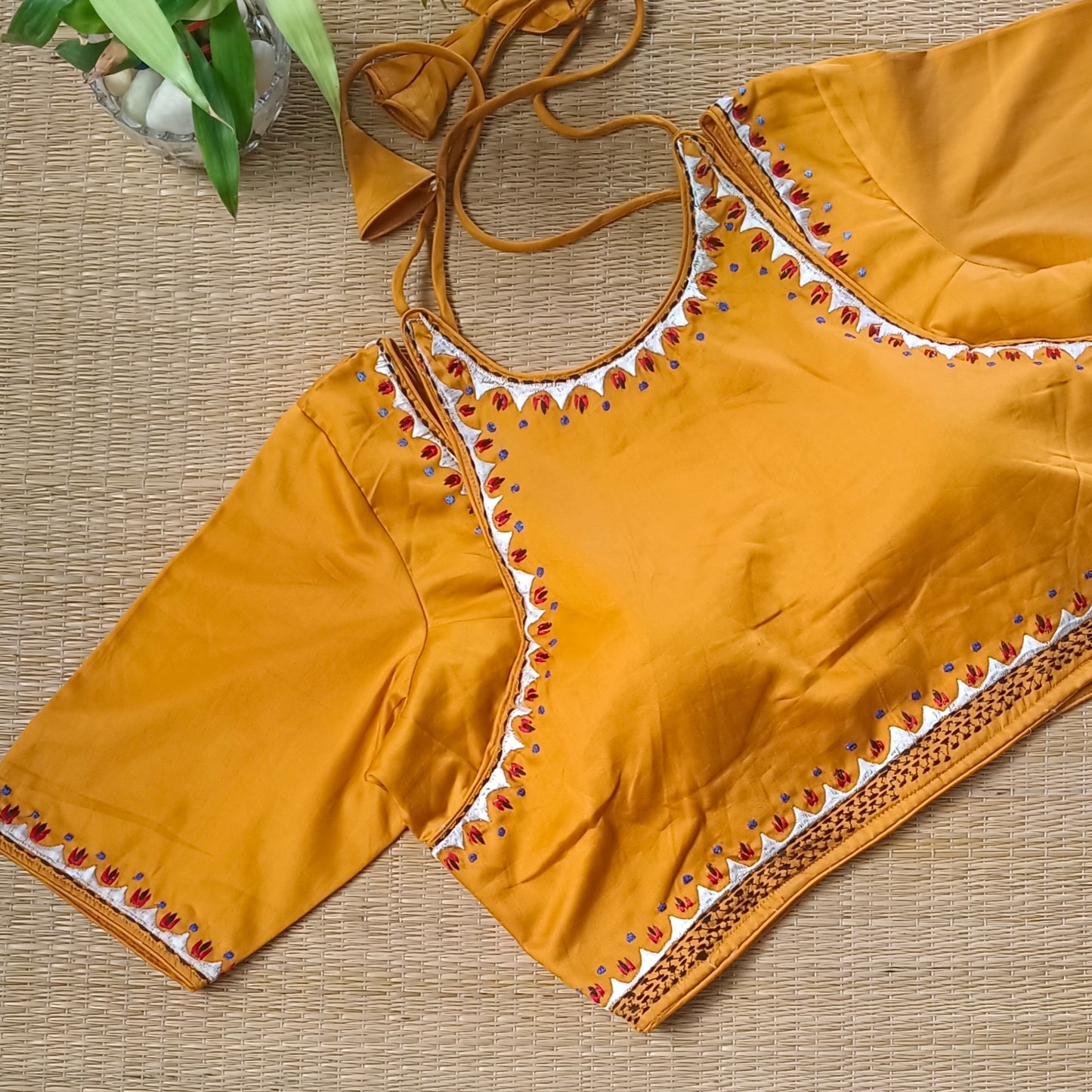 Mustard Masaba Neck Embroidery Blouse