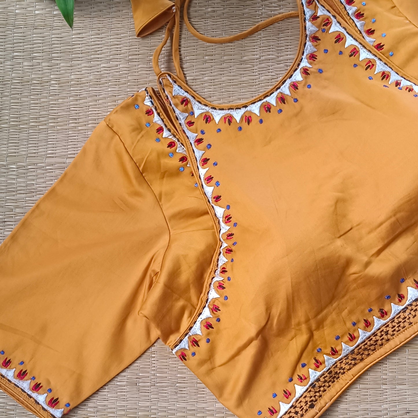 Mustard Masaba Neck Embroidery Blouse