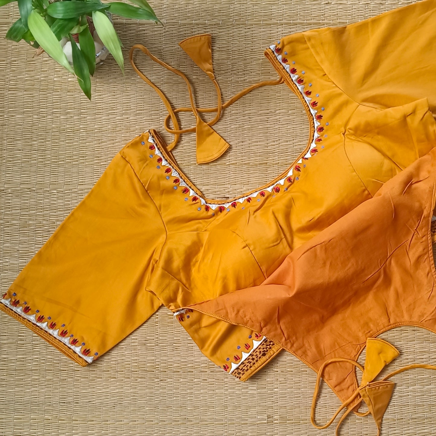 Mustard Masaba Neck Embroidery Blouse