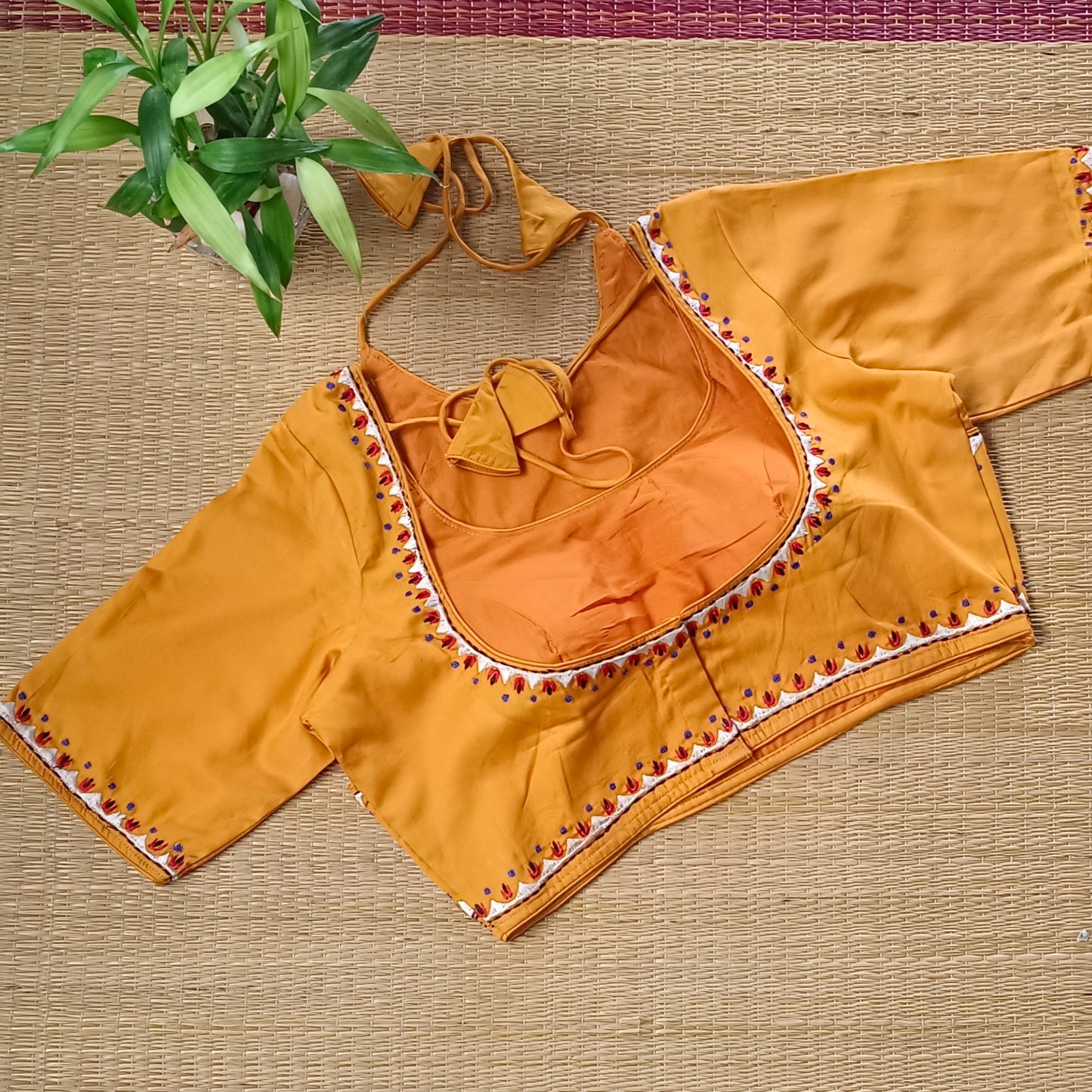 Mustard Masaba Neck Embroidery Blouse