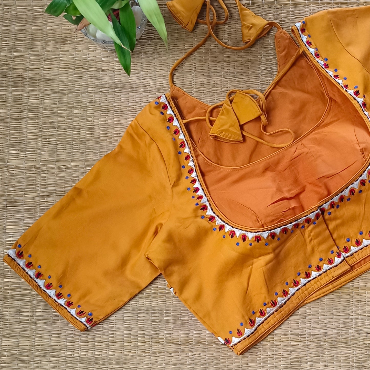 Mustard Masaba Neck Embroidery Blouse