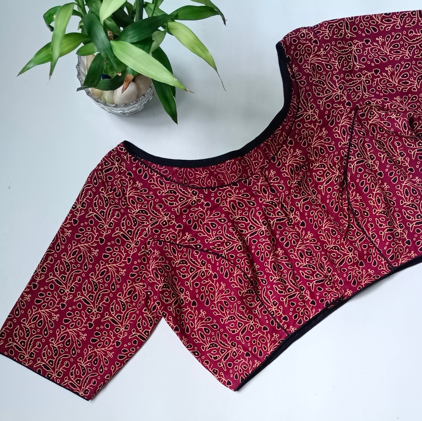 Maroon printed cotton boat neck blouse