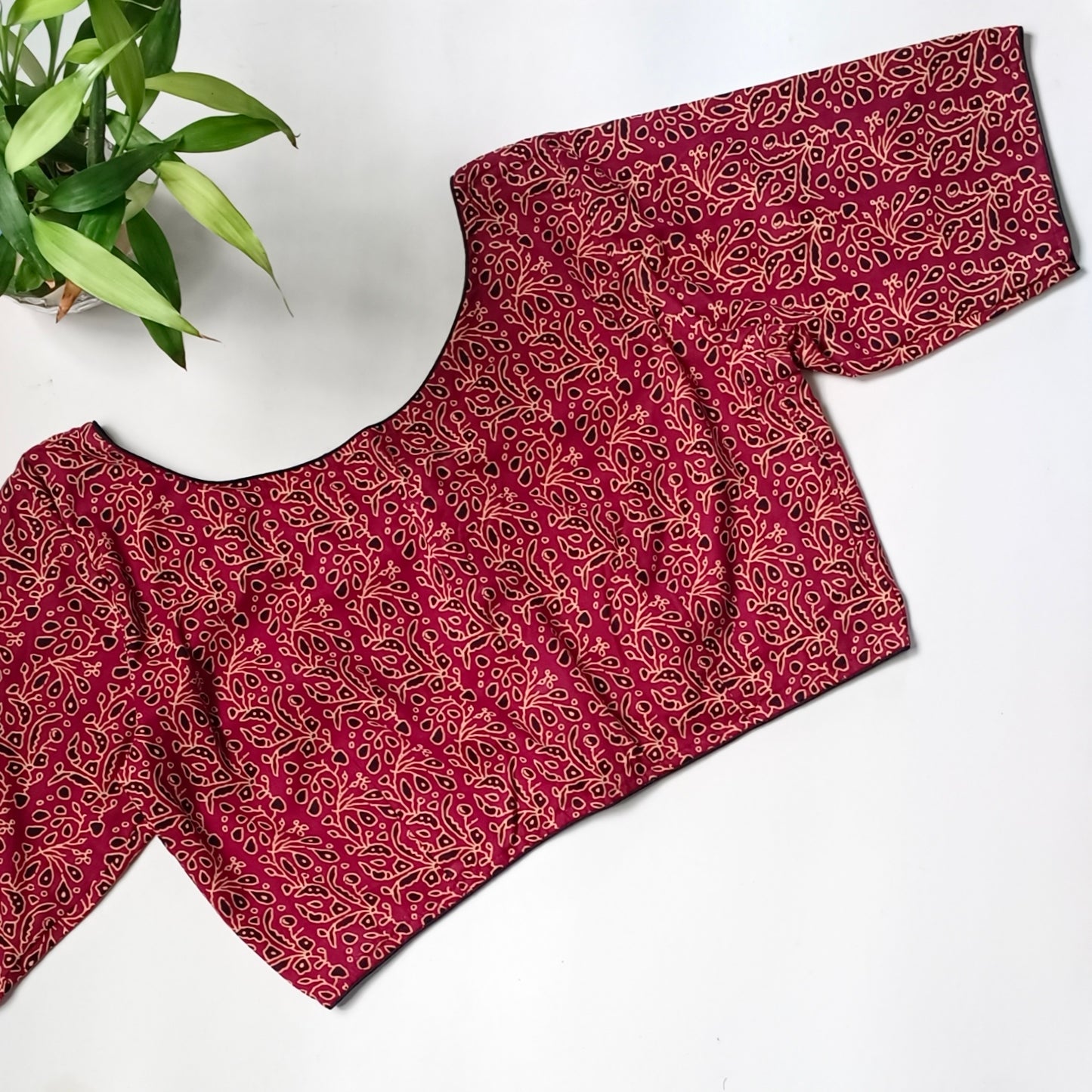 Maroon printed cotton boat neck blouse