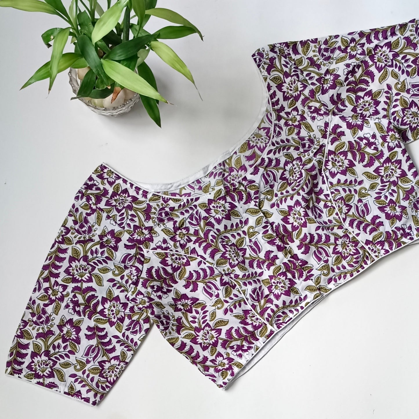 White printed cotton boat neck blouse