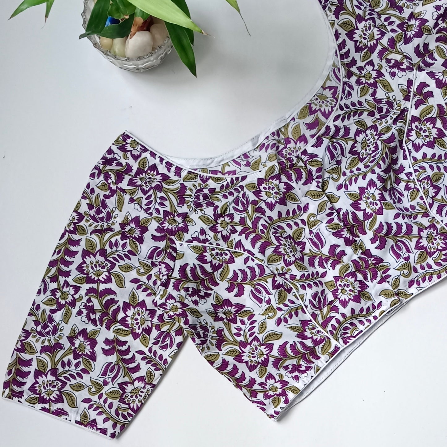 White printed cotton boat neck blouse