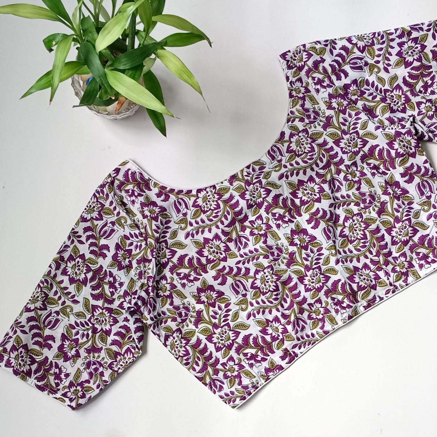 White printed cotton boat neck blouse