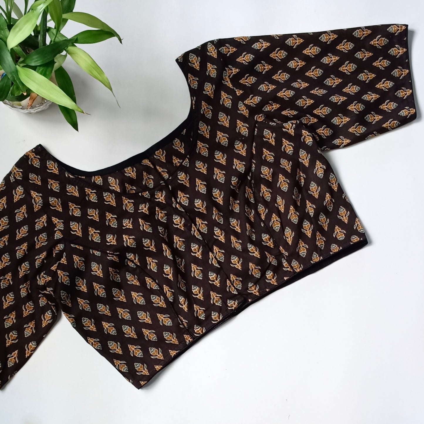 Black printed cotton boat neck blouse