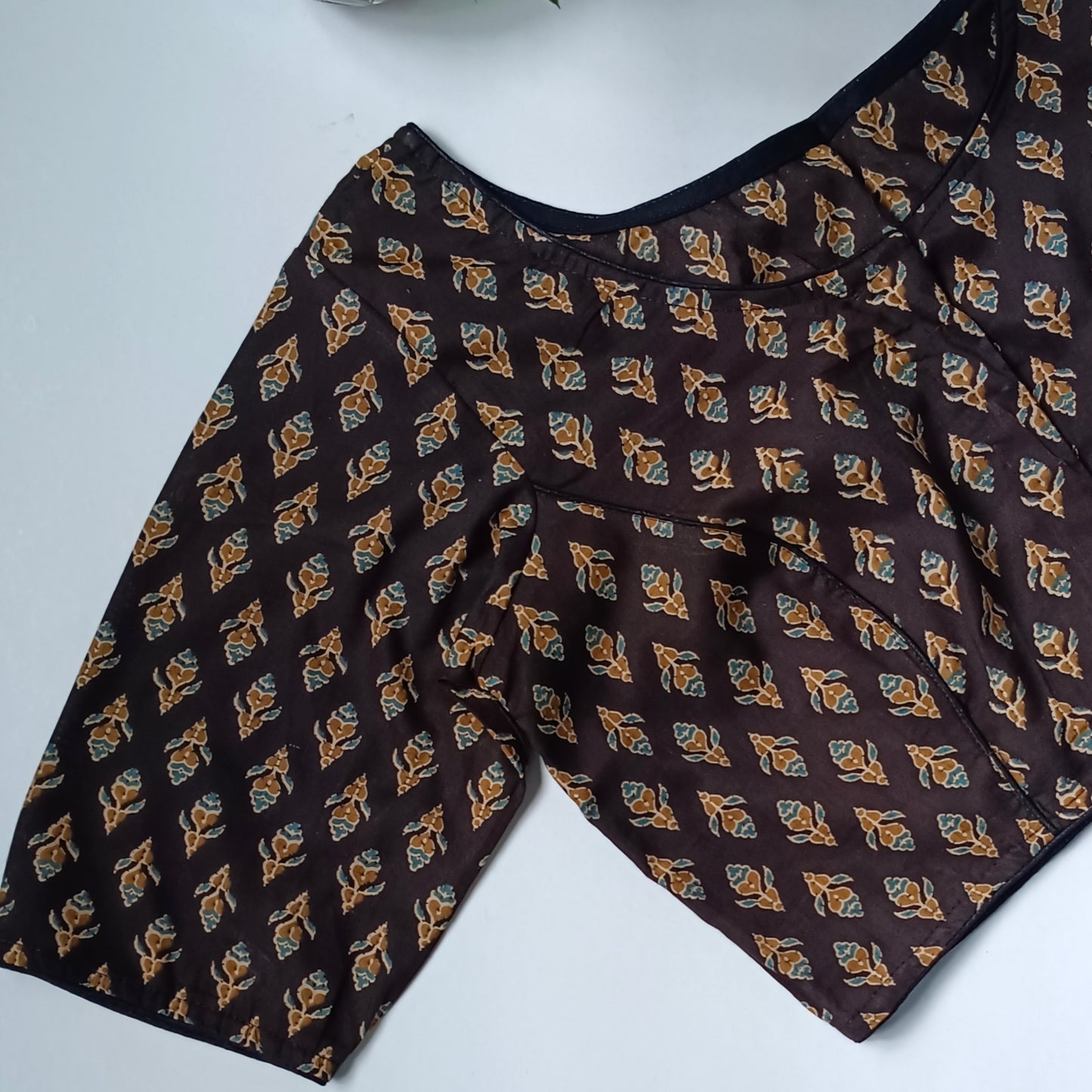 Black printed cotton boat neck blouse