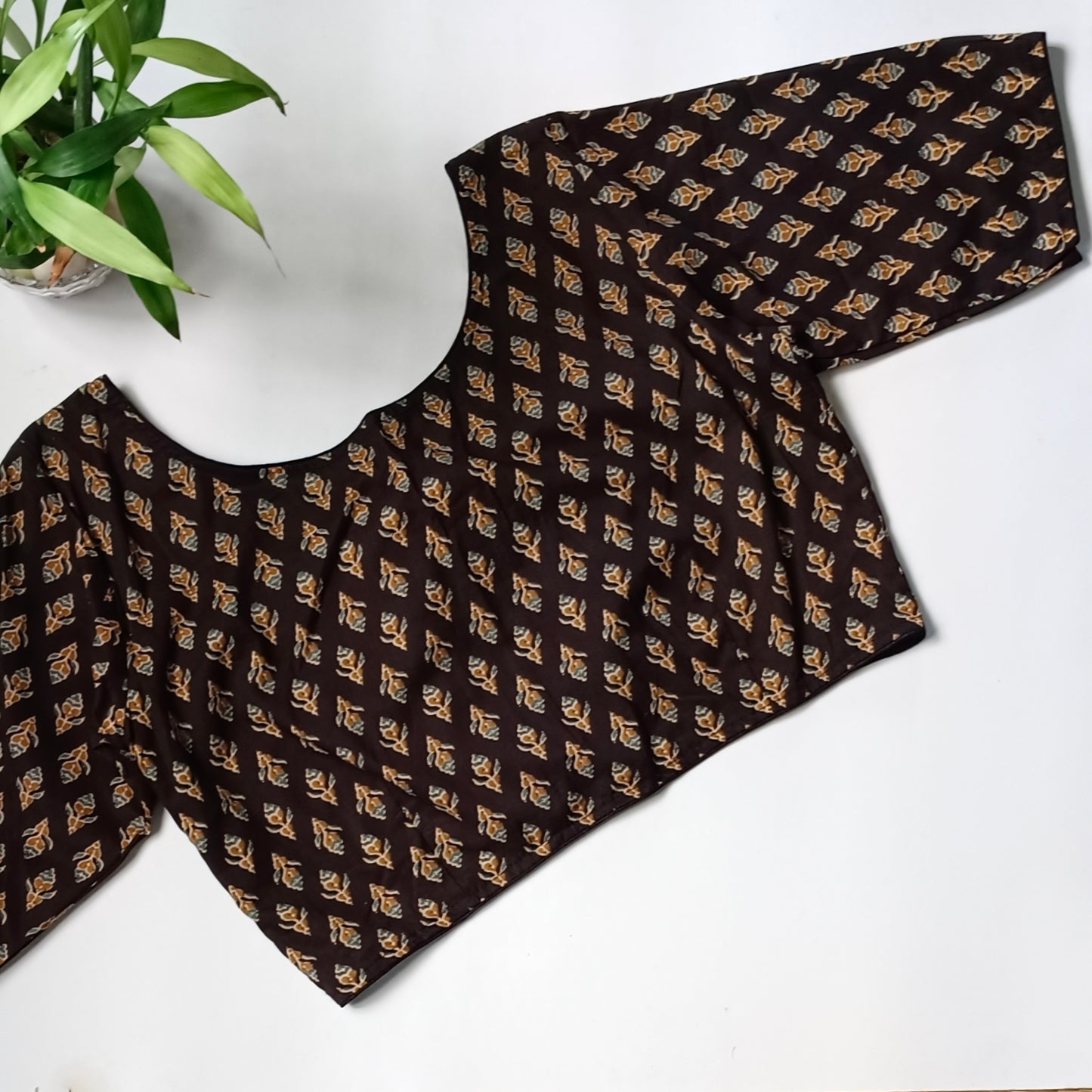 Black printed cotton boat neck blouse