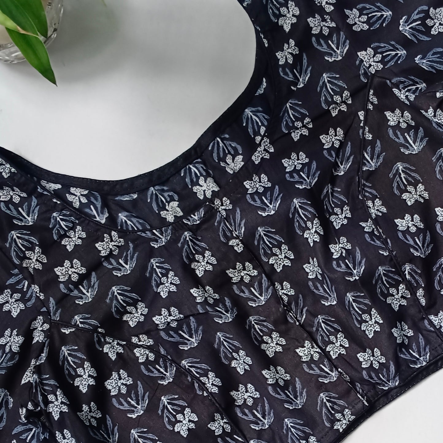 Black printed cotton boat neck blouse 1