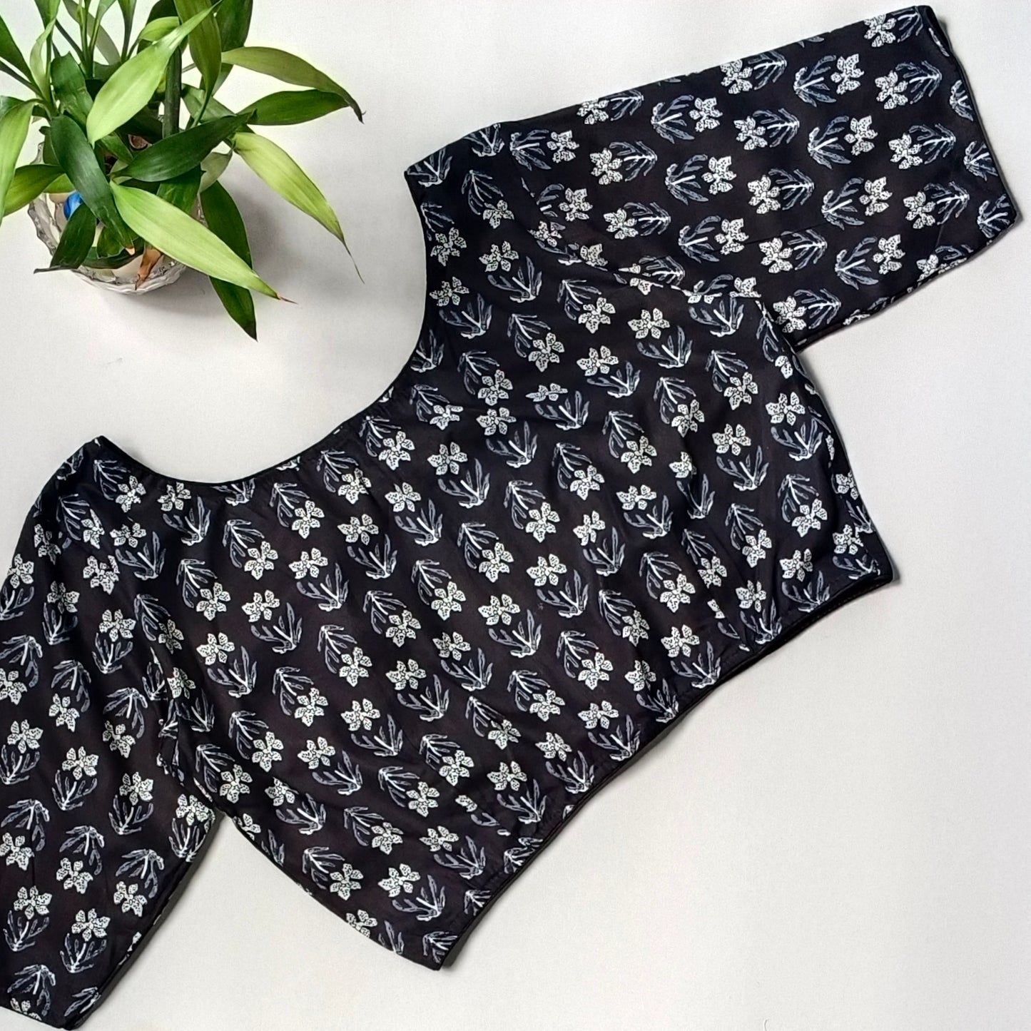 Black printed cotton boat neck blouse 1
