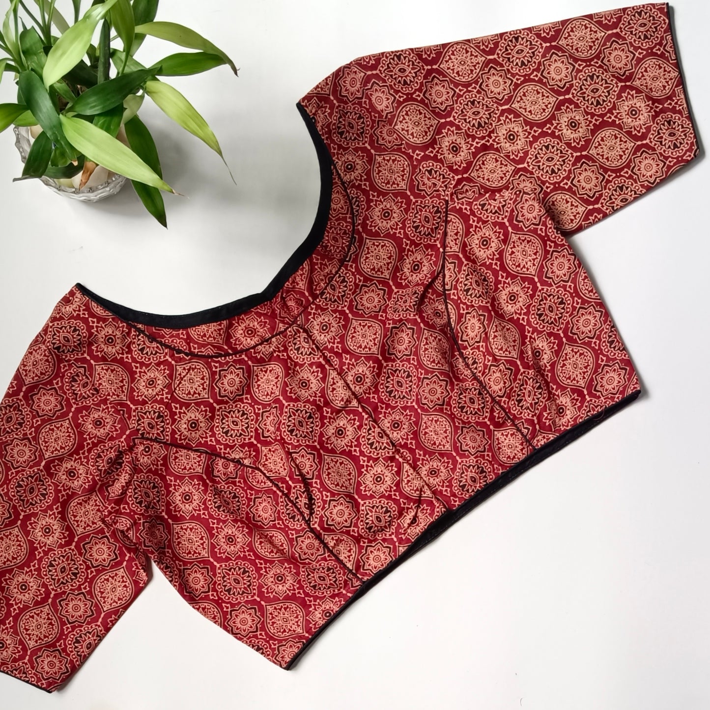 Maroon printed cotton boat neck blouse 3