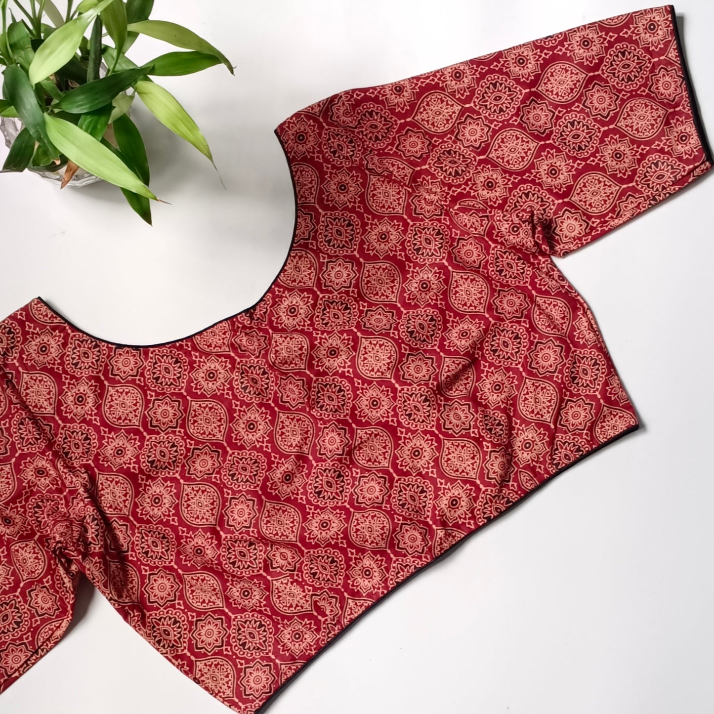 Maroon printed cotton boat neck blouse 3