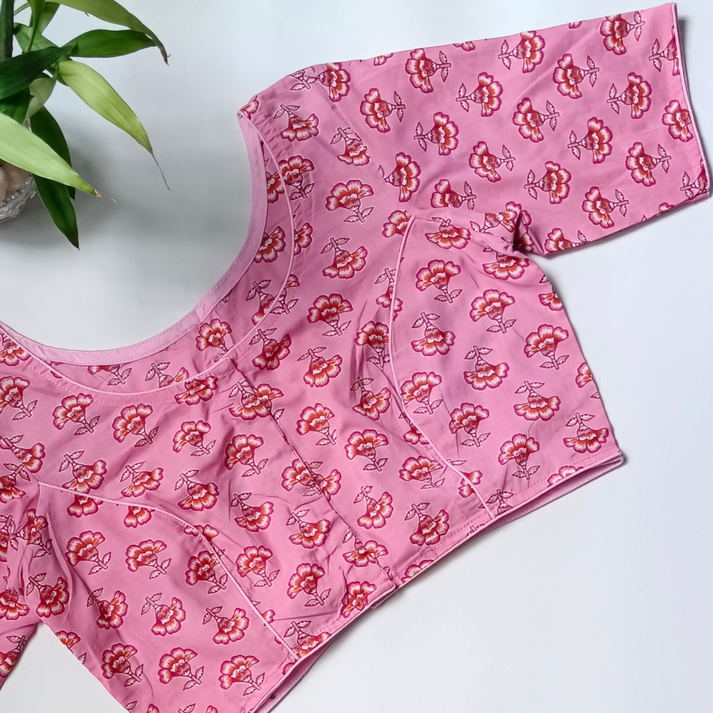 Pink printed cotton boat neck blouse