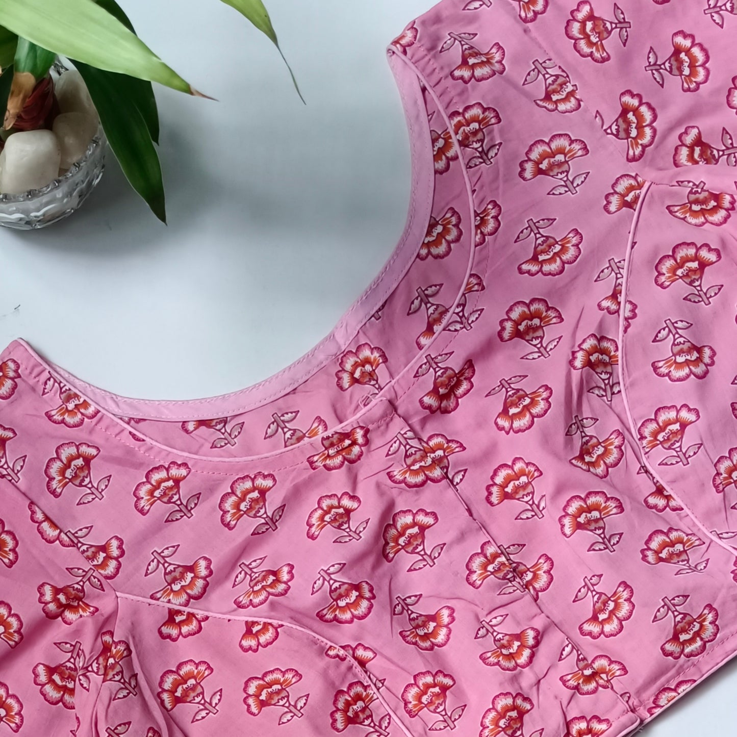 Pink printed cotton boat neck blouse