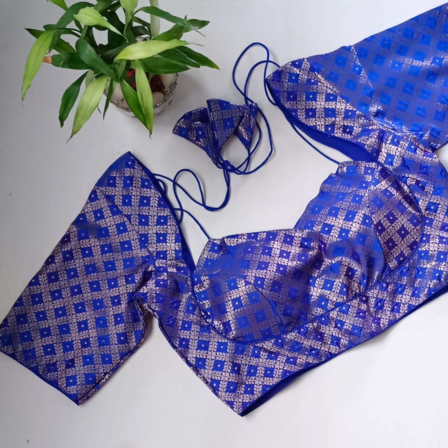 Royal blue brocade masaba neck blouse