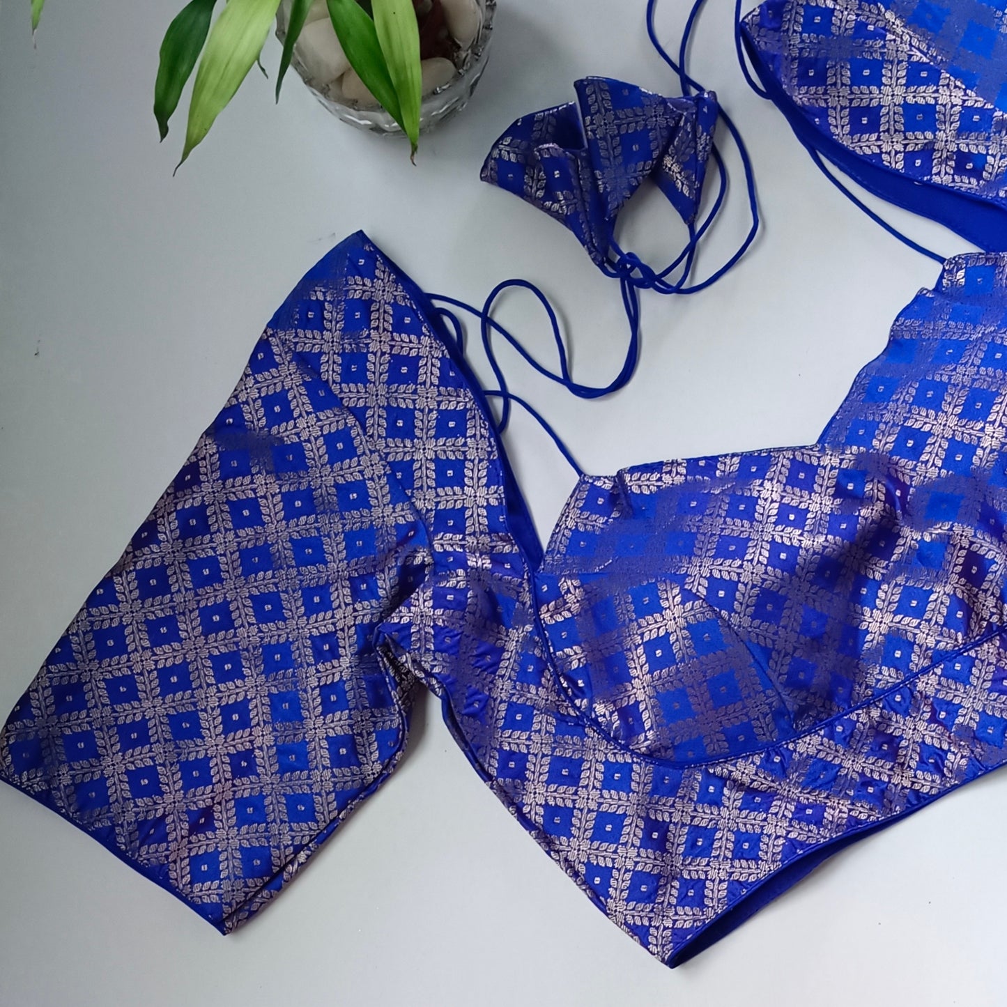 Royal blue brocade masaba neck blouse