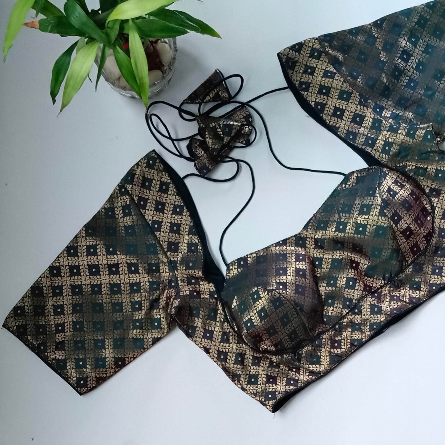 Bottle Green brocade masaba neck blouse