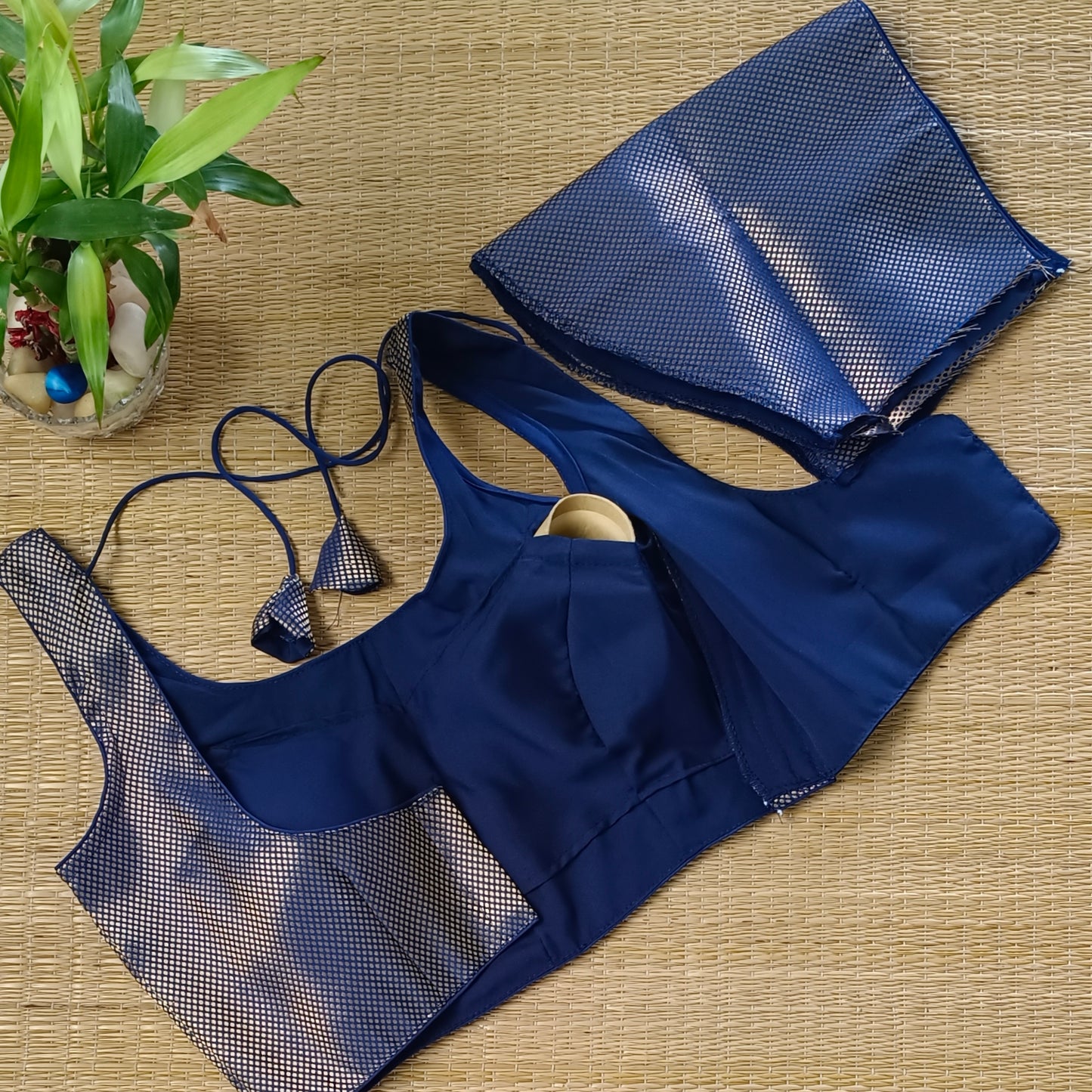 Navy Blue Brocade Blouse with attachable sleeves (assorted)