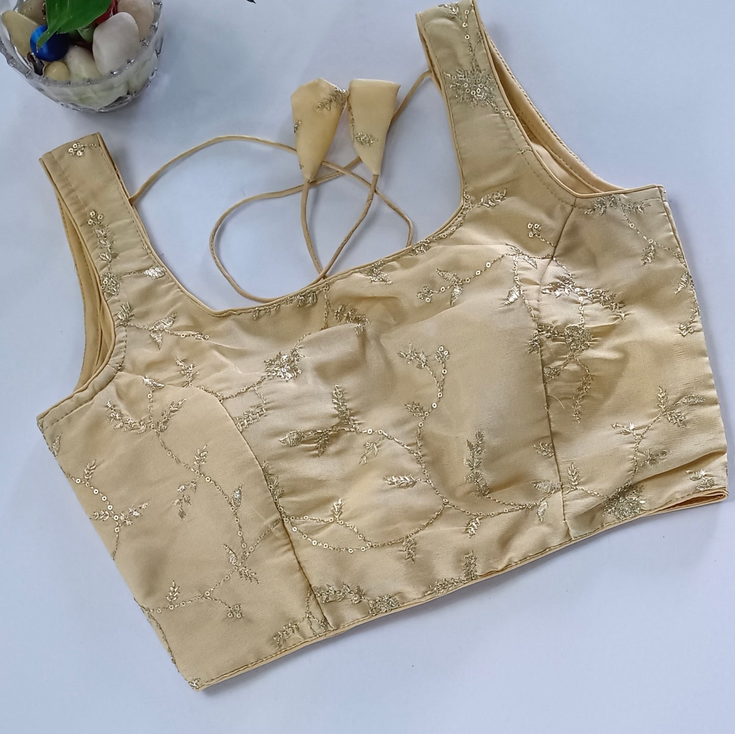 Golden tissue blouse with attachable sleeves