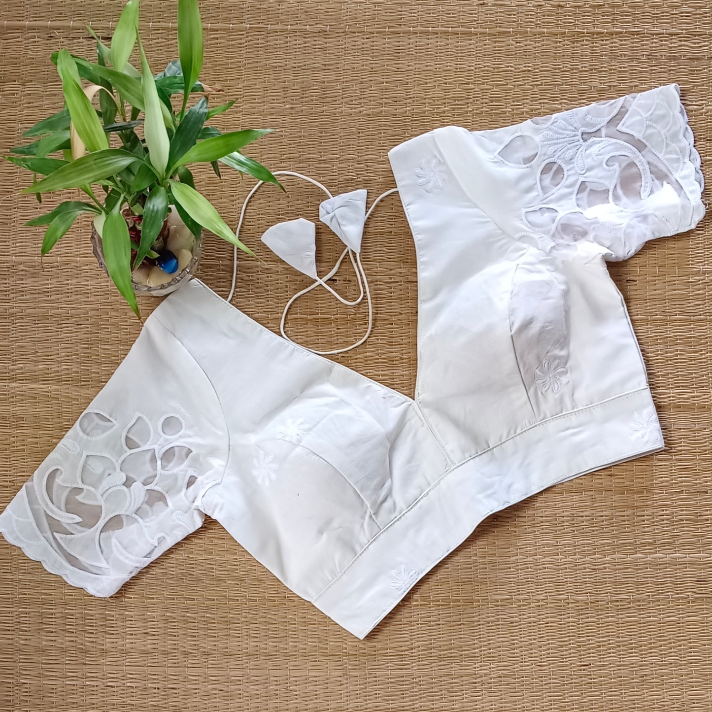 Off White Cotton Blouse With Net Sleeves