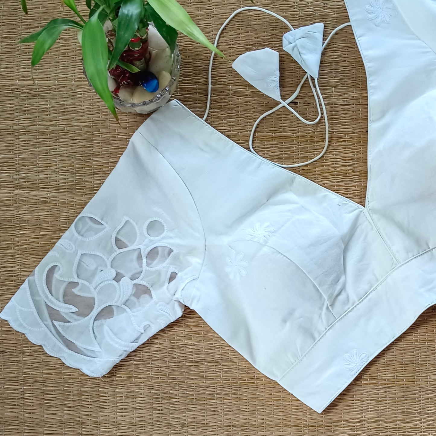 Off White Cotton Blouse With Net Sleeves