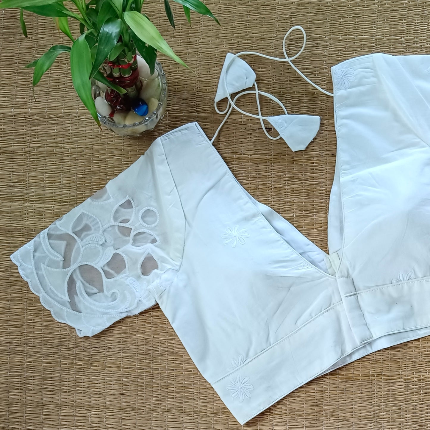 Off White Cotton Blouse With Net Sleeves