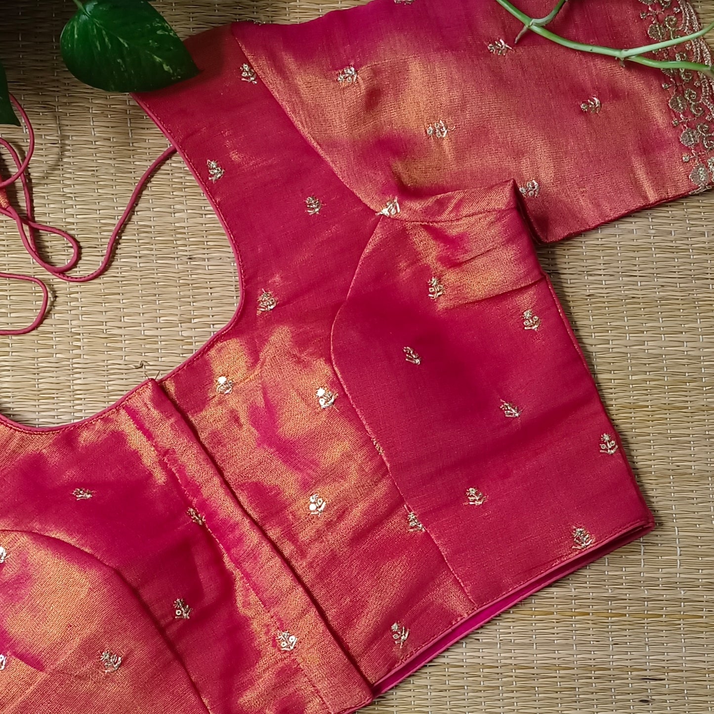 Red metallic tissue blouse with golden embroidery