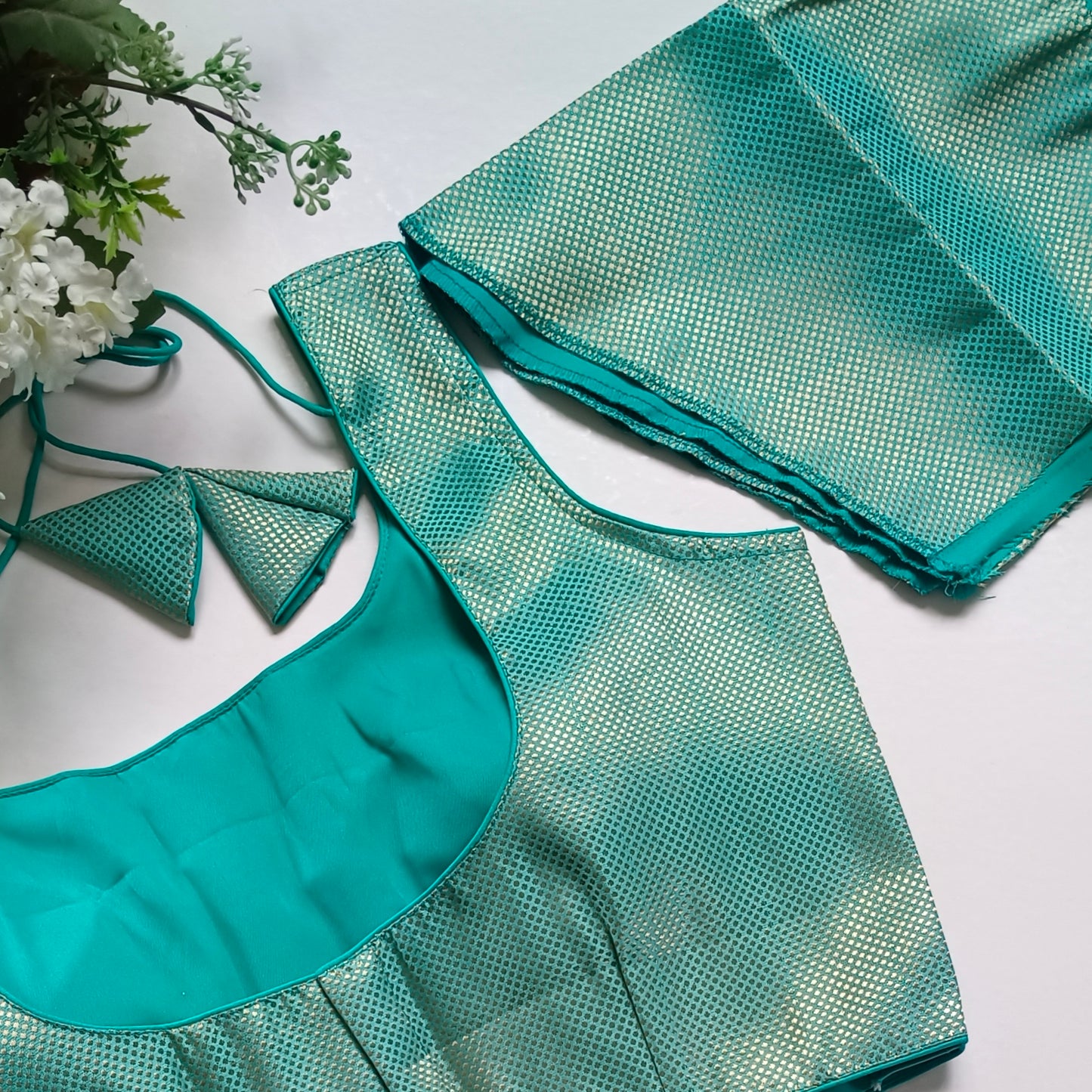 Aqua Blue Brocade Blouse with attachable sleeves (assorted)