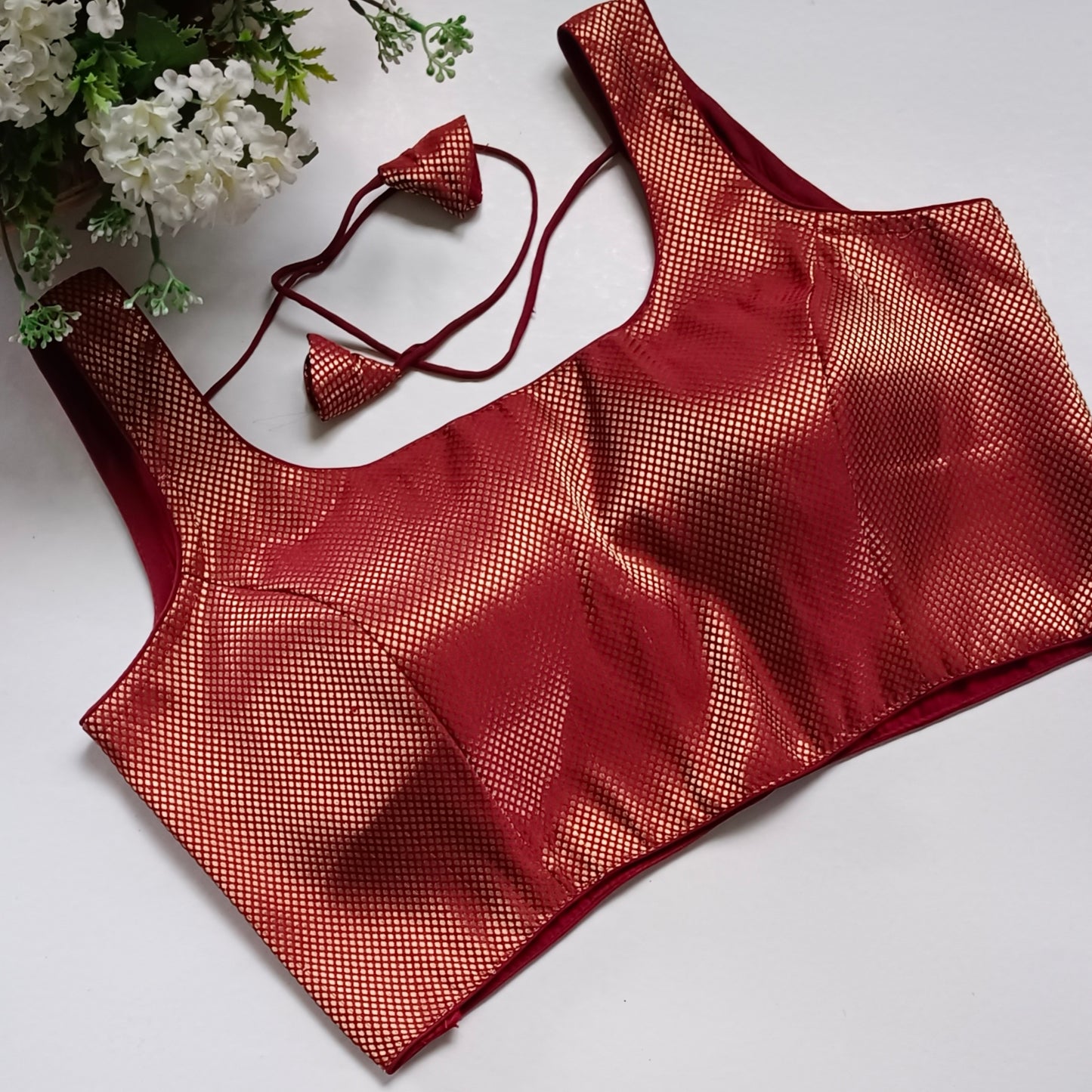 Maroon Brocade Blouse with attachable sleeves (assorted)