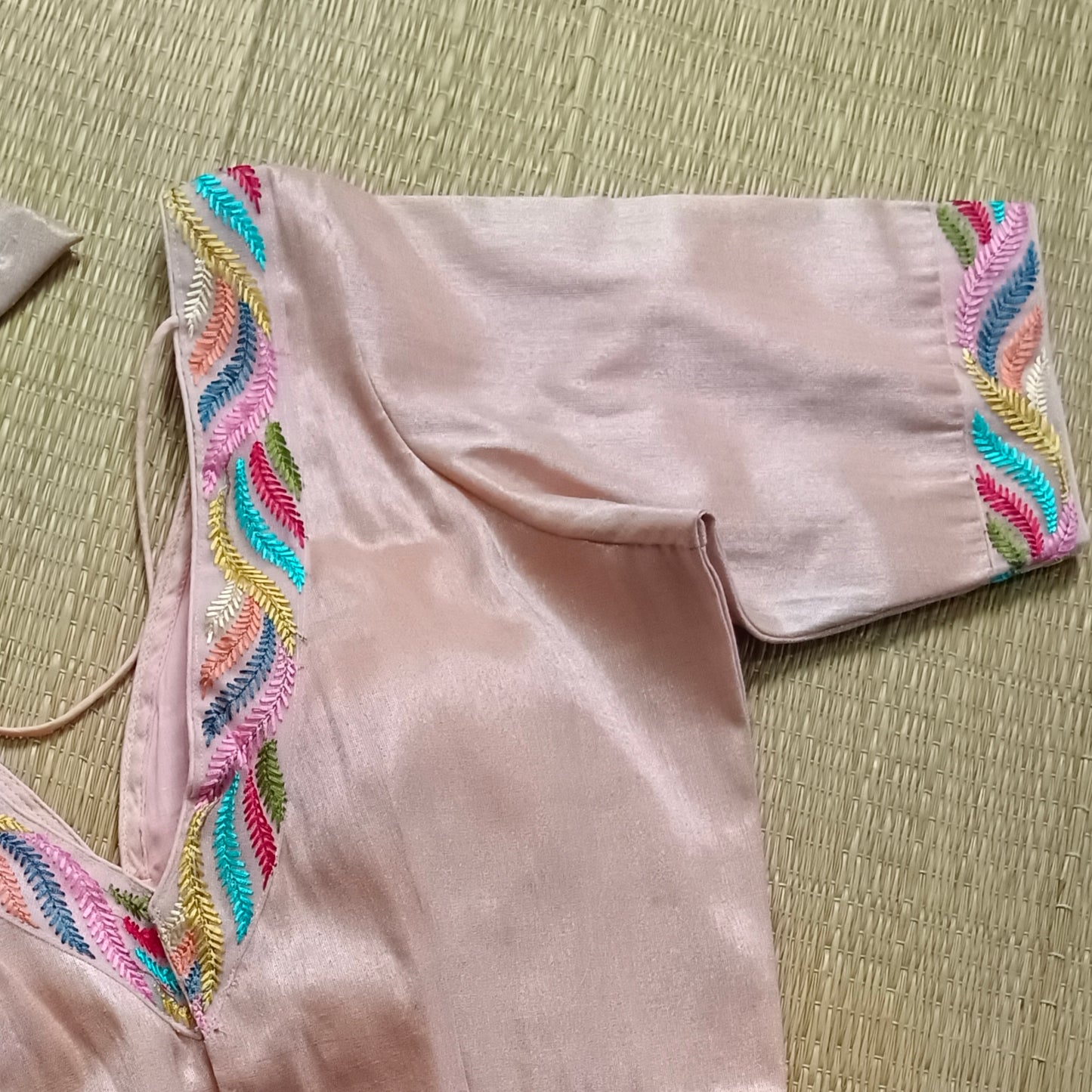 Pastel pink tissue blouse with multicolor embroidery