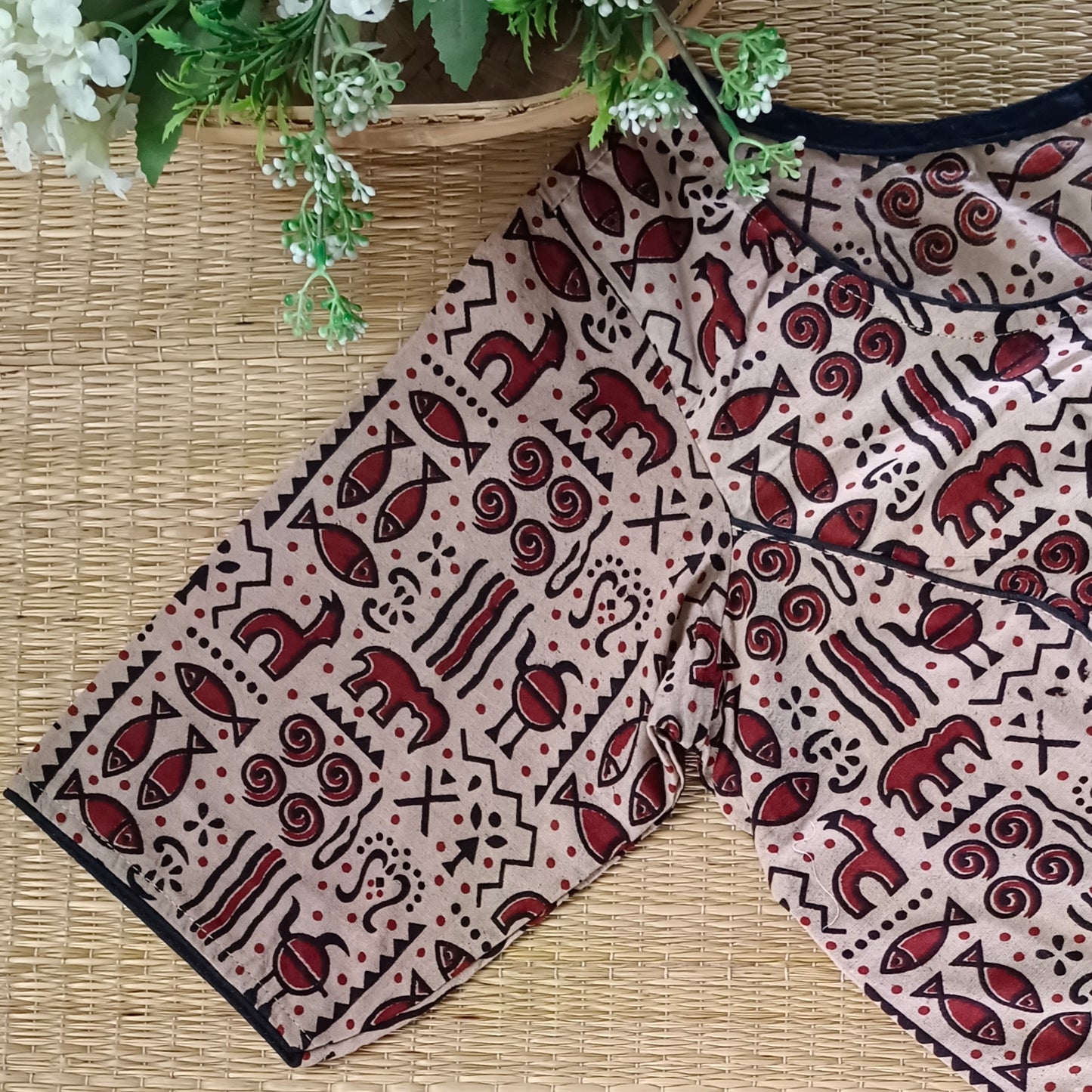 Beige printed cotton boat neck blouse