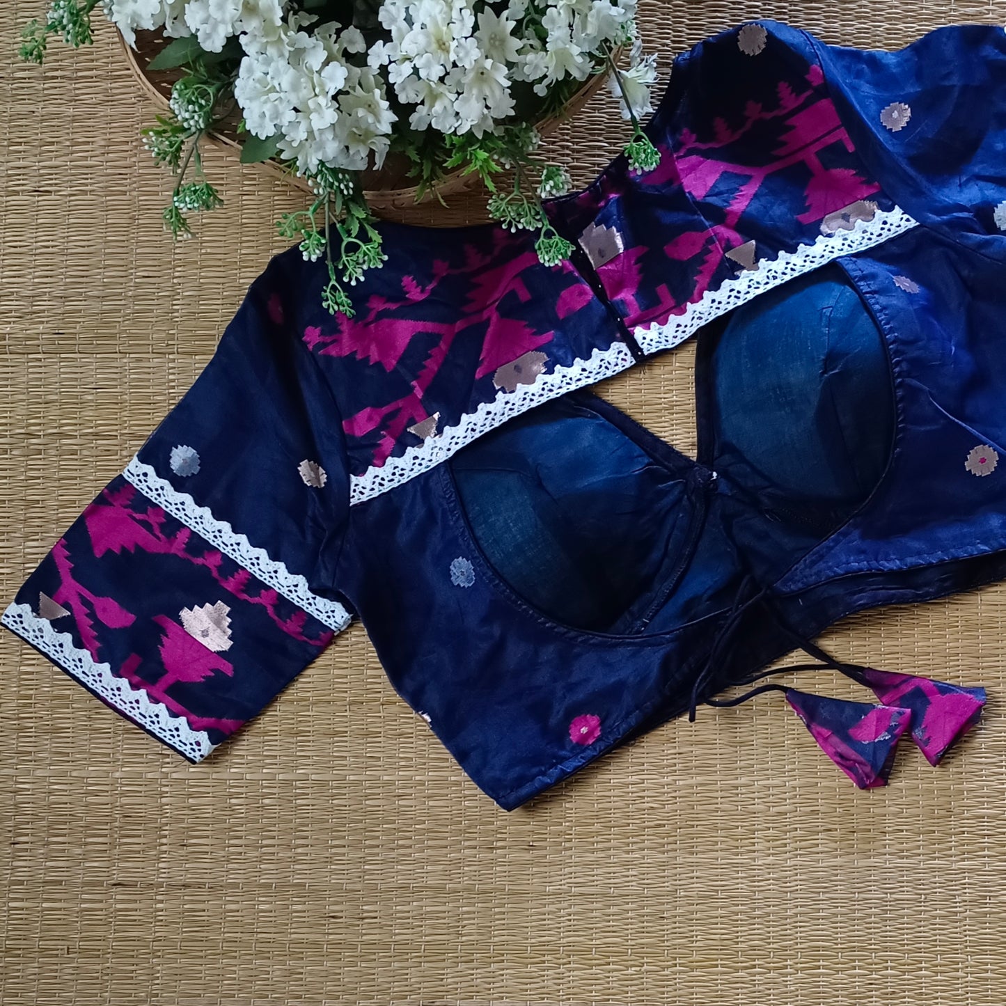 Navy Blue Jamdani Backless Blouse