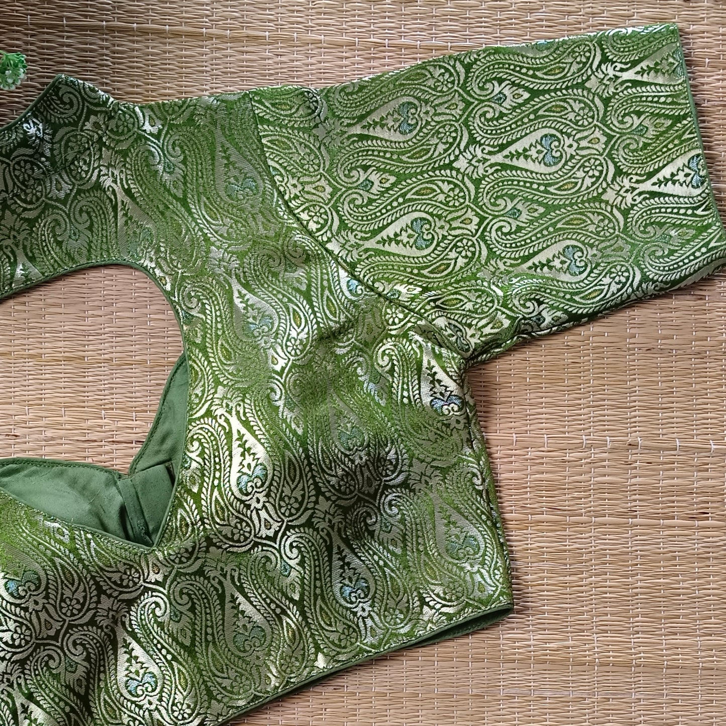 Olive Green High Neck Brocade Blouse