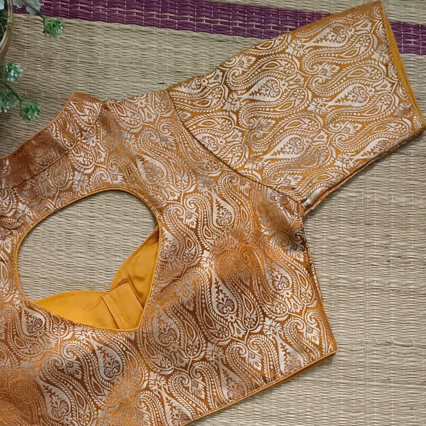 Mustard Yellow High Neck Brocade Blouse