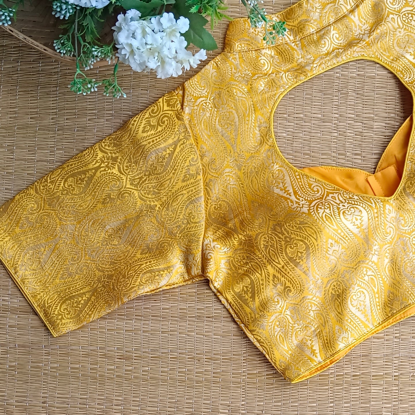 Yellow High Neck Brocade Blouse