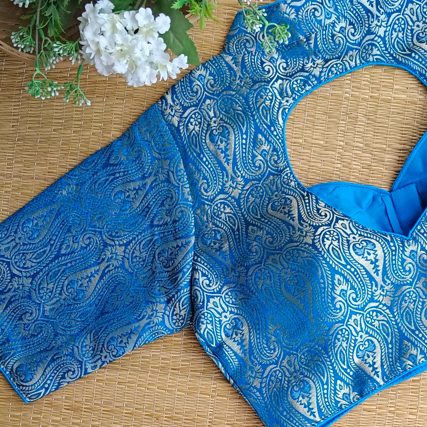 Blue High Neck Brocade Blouse