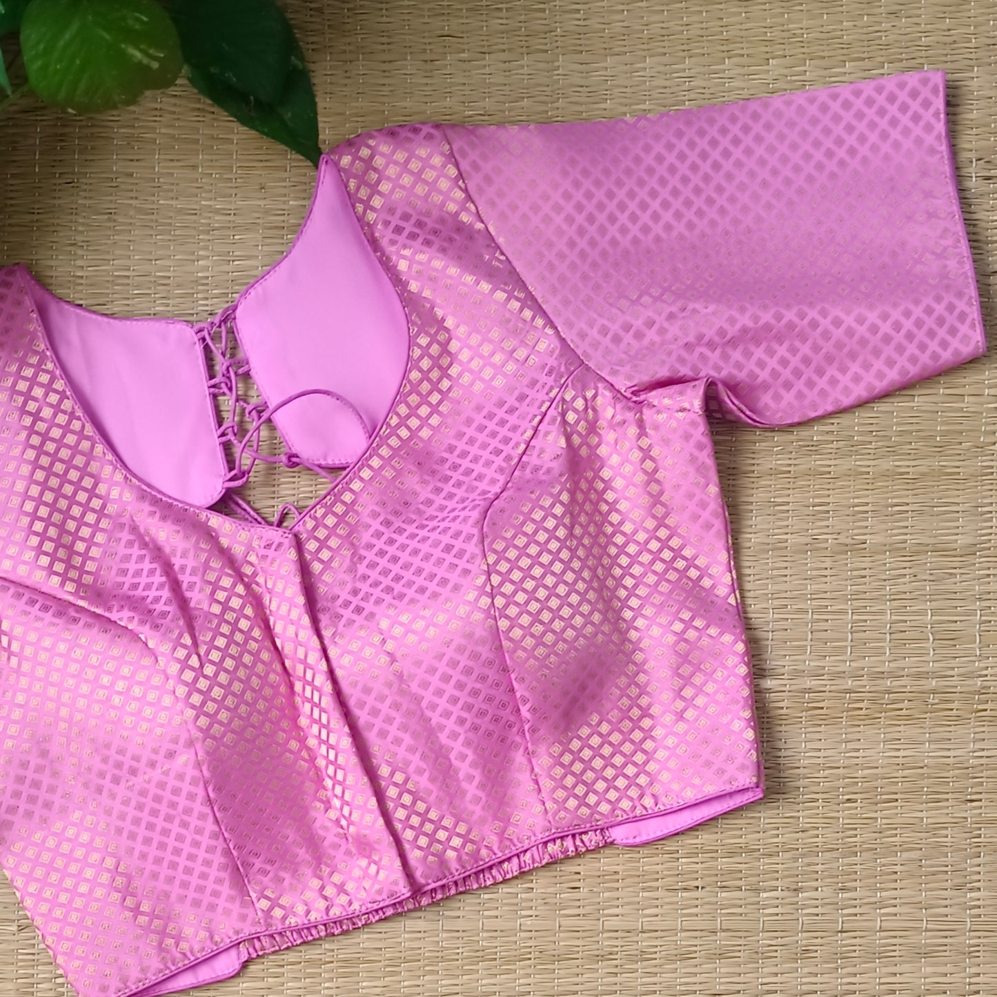 Pink Back Elastic Brocade Blouse