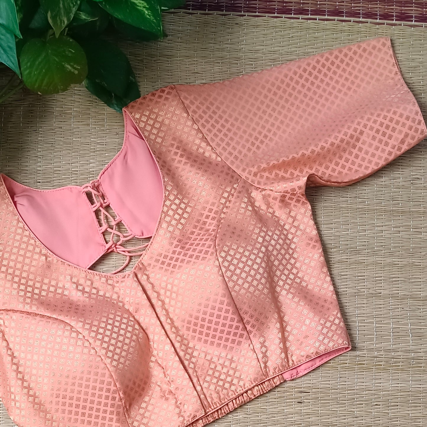 Pastel Orange Back Elastic Brocade Blouse