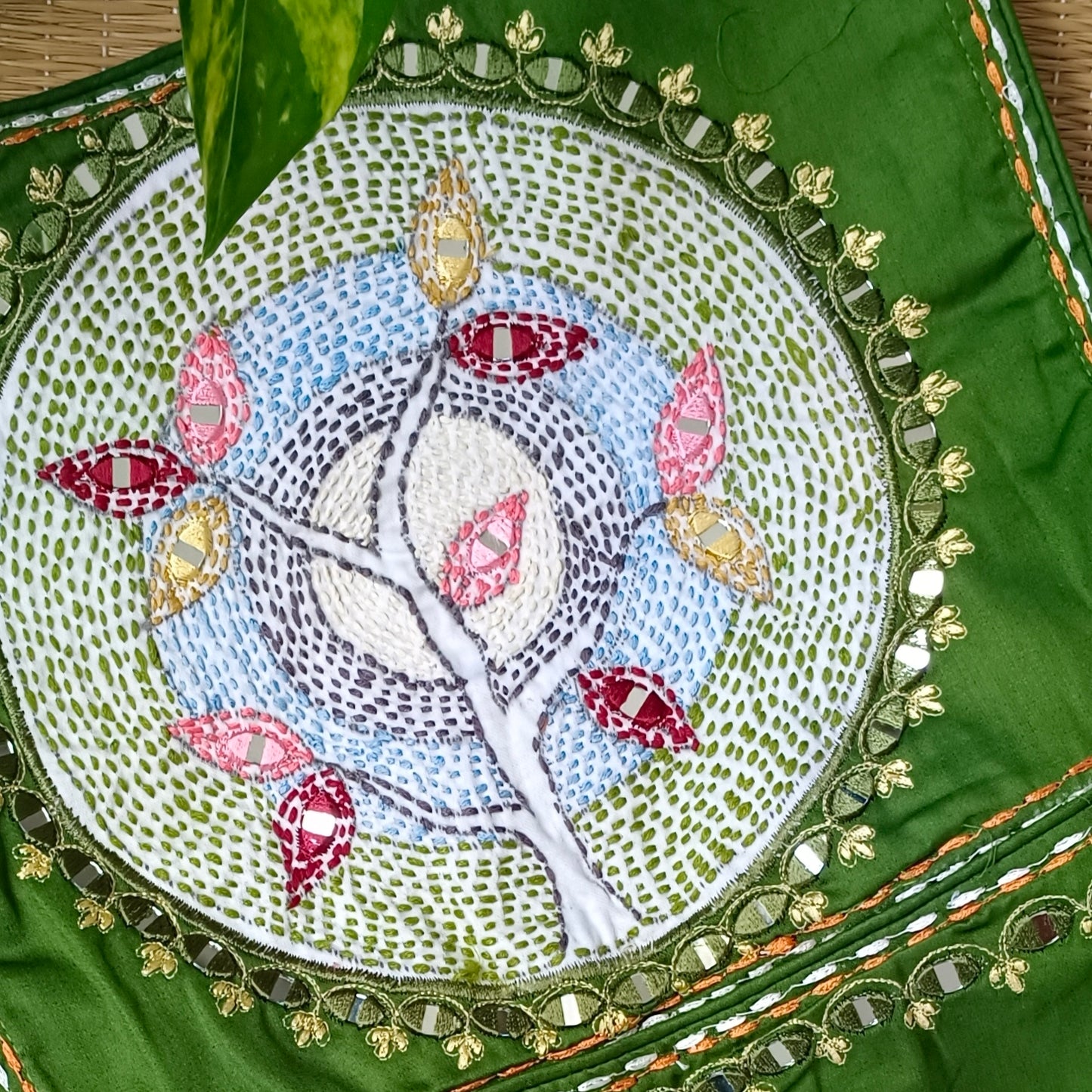 Light mehendi green mirror & katha work blouse