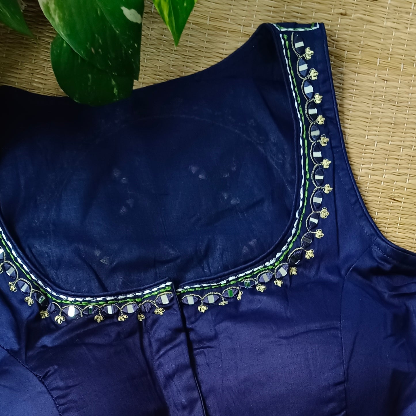Navy blue mirror & katha work blouse