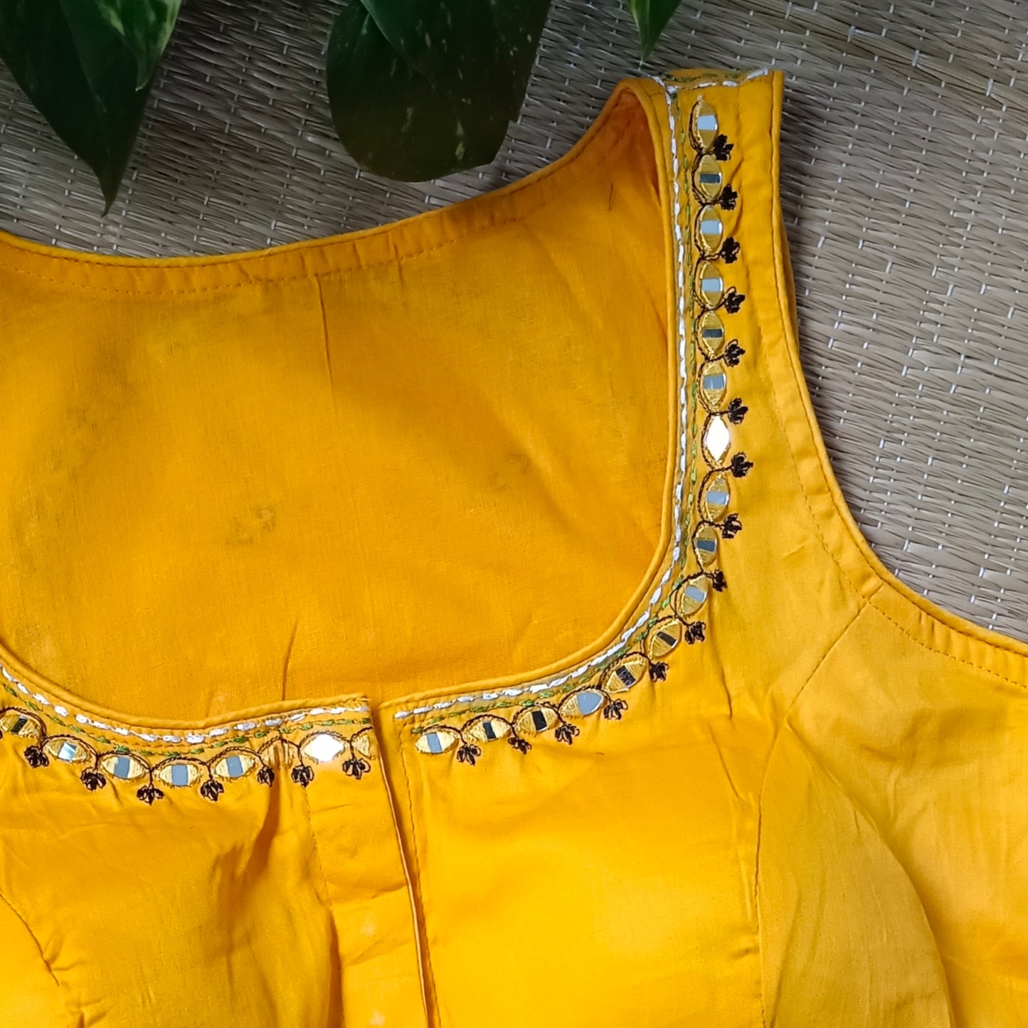 Yellow mirror & katha work blouse