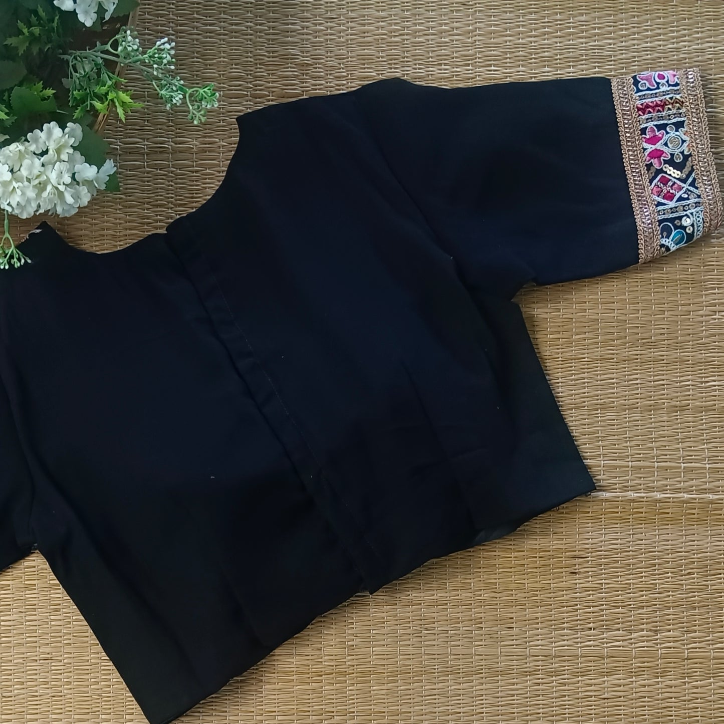 Black Multicolor Embroidery High Neck Blouse