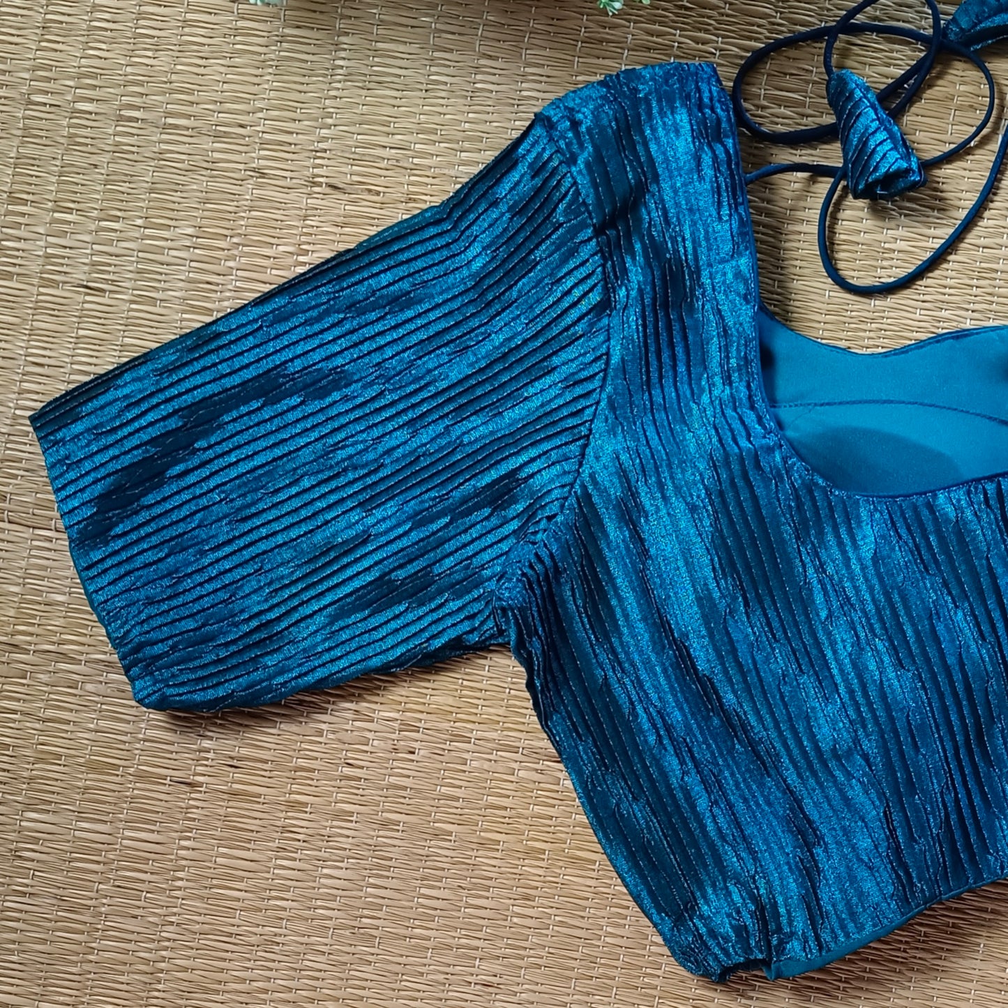 Peacock Blue Metallic Crush Tissue Stretchable Blouse