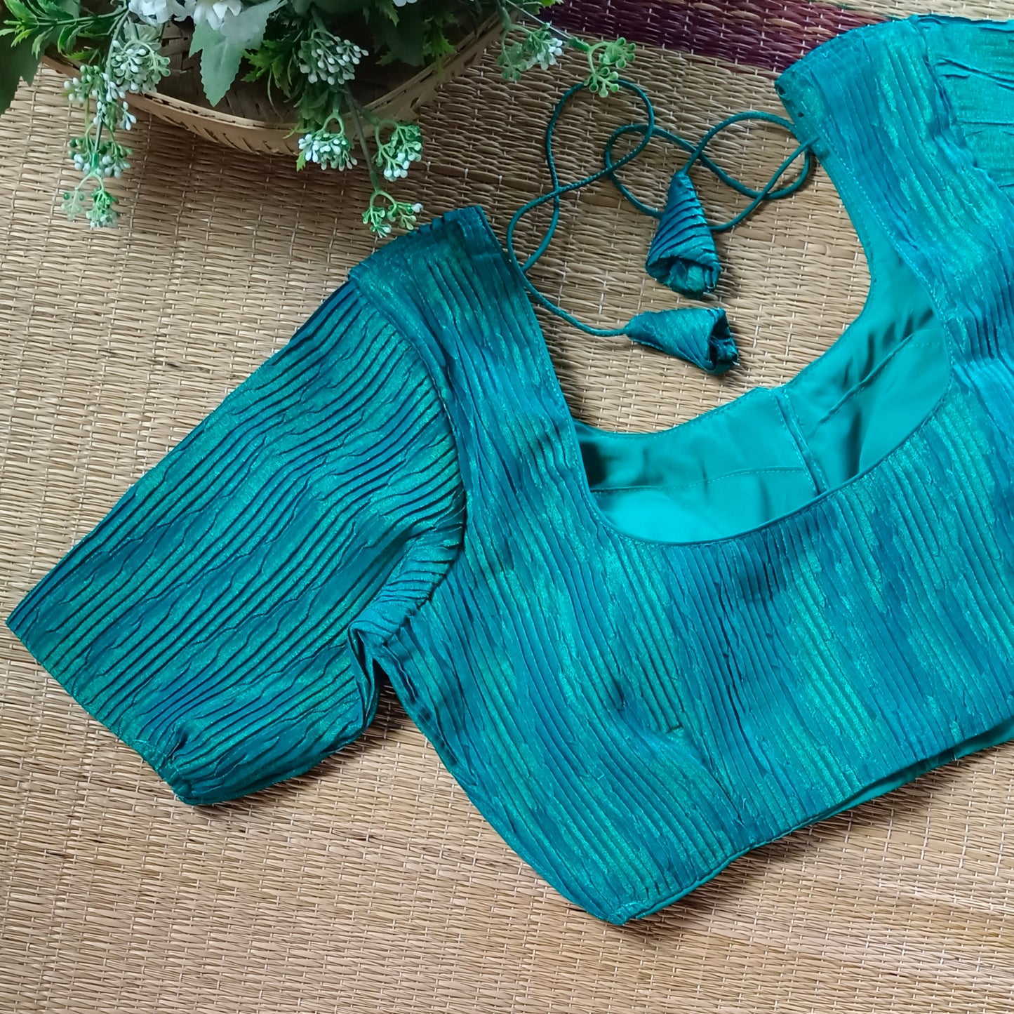Peacock Green Metallic Crush Tissue Stretchable Blouse