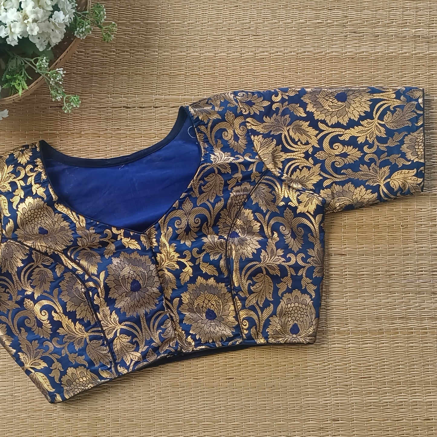 Navy Blue Brocade Blouse