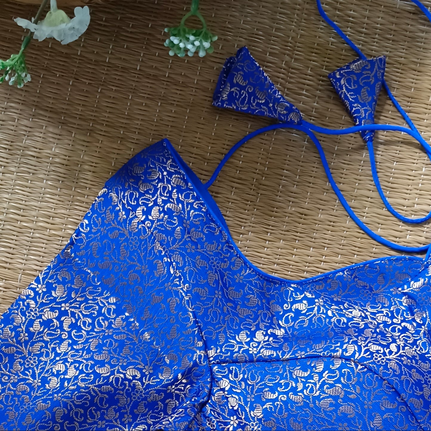 Royal Blue Sweetheart Neck Brocade Blouse